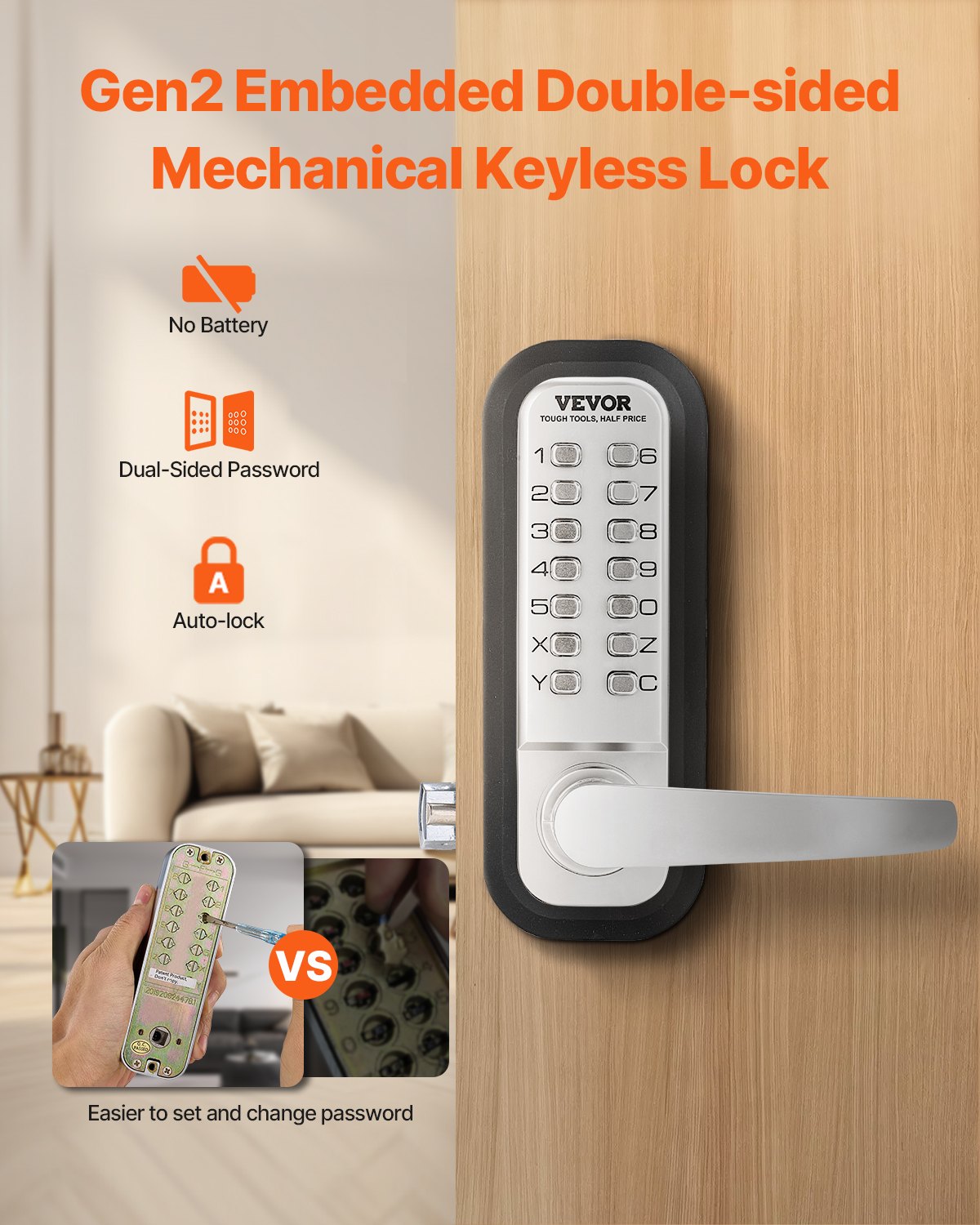 Mechanical Keyless Entry Door Lock 14 Keys Mechanical Keypad Lock Sliver
