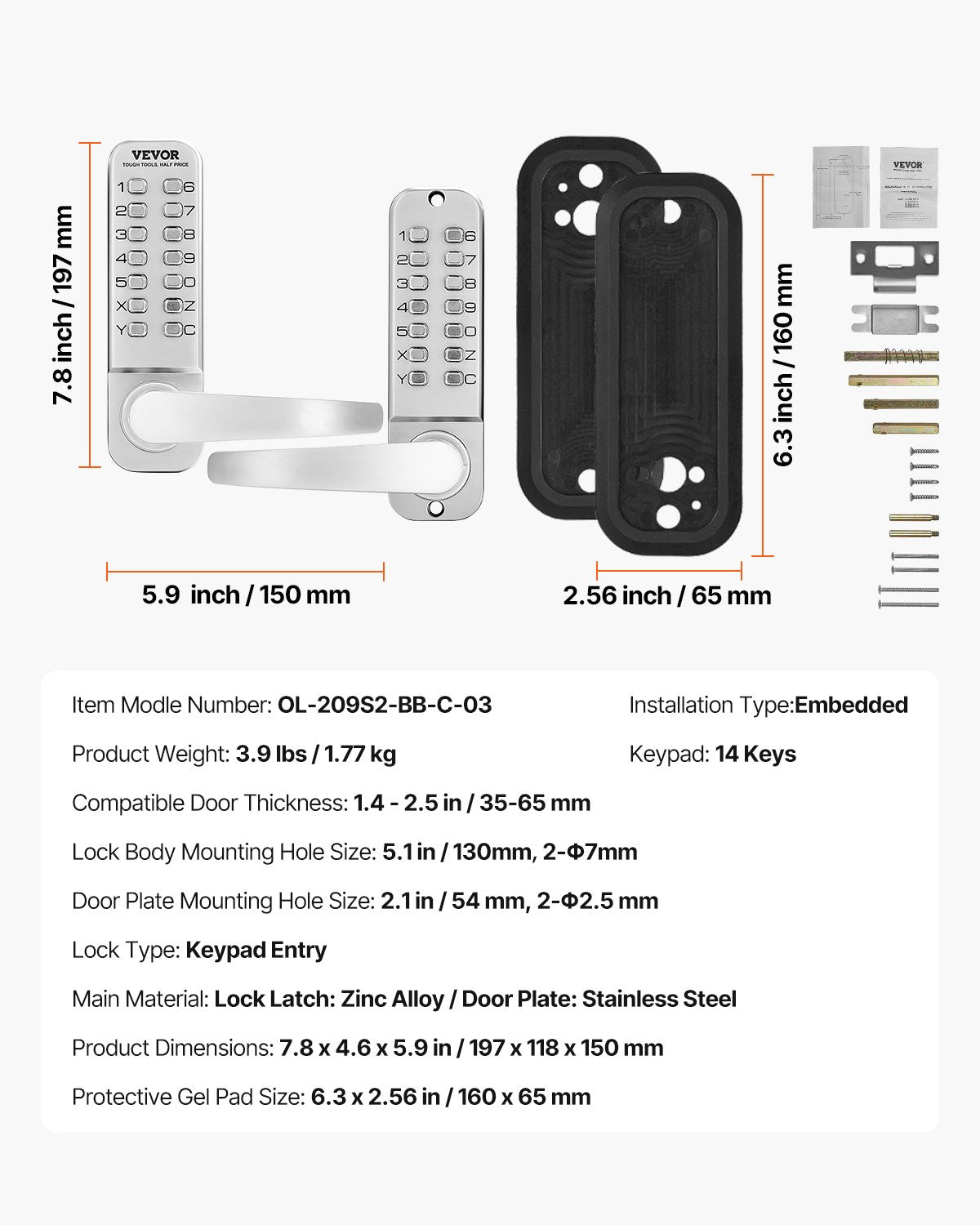 Mechanical Keyless Entry Door Lock 14 Keys Mechanical Keypad Lock Sliver