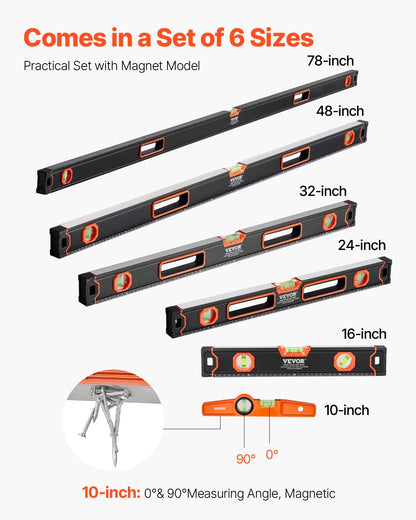 6-piece torpedo level 78/48/32/24/16/10 inch box levels with bubble bottles