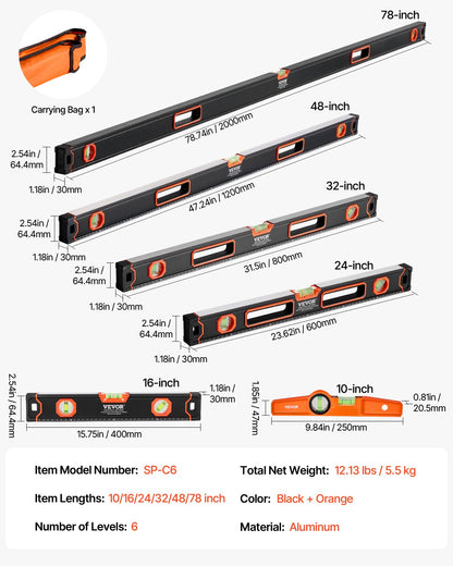6 PCS Magnetic Torpedo Level 78/48/32/24/16/10 In Leveler with Bubble Bottle