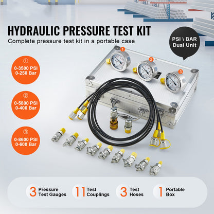 Hydraulic pressure test kit, 250/400/600bar, 3 gauges 11 test couplings 3 test hoses, excavator Hydraulic test measurement kit with portable carrying case for excavator tractors Construction machinery