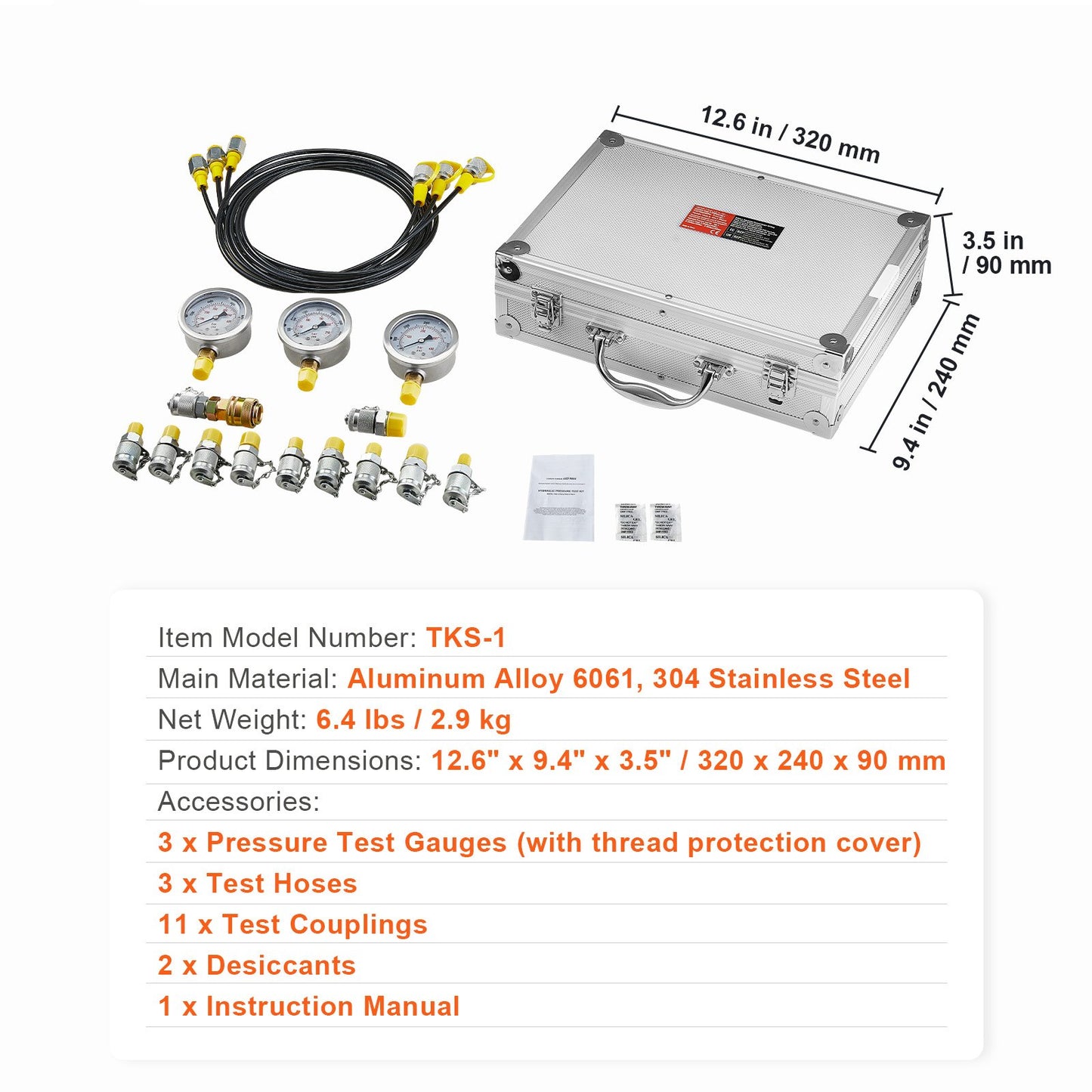 Hydraulic pressure test kit, 250/400/600bar, 3 gauges 11 test couplings 3 test hoses, excavator Hydraulic test measurement kit with portable carrying case for excavator tractors Construction machinery