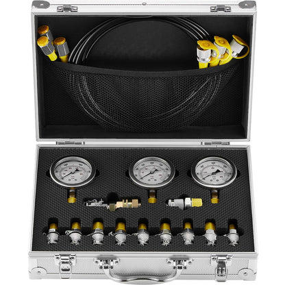 Hydraulic pressure test kit, 250/400/600bar, 3 gauges 11 test couplings 3 test hoses, excavator Hydraulic test measurement kit with portable carrying case for excavator tractors Construction machinery