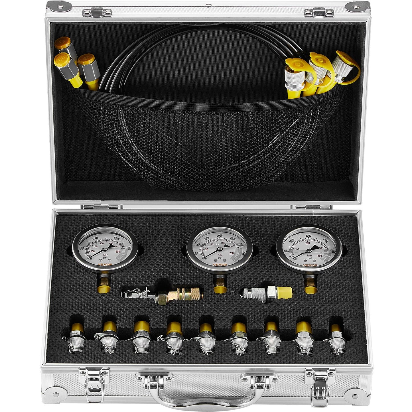 Hydraulic pressure test kit, 250/400/600bar, 3 gauges 11 test couplings 3 test hoses, excavator Hydraulic test measurement kit with portable carrying case for excavator tractors Construction machinery