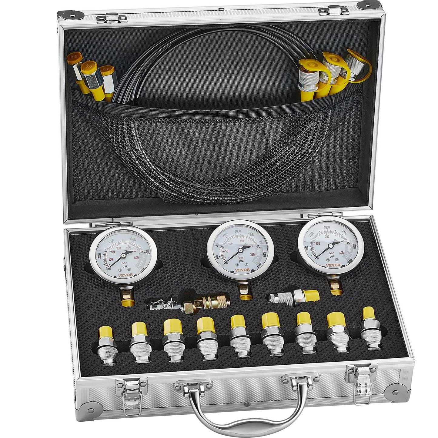 Hydraulic pressure test kit, 250/400/600bar, 3 gauges 11 test couplings 3 test hoses, excavator Hydraulic test measurement kit with portable carrying case for excavator tractors Construction machinery