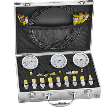 Hydraulic pressure test kit, 250/400/600bar, 3 gauges 11 test couplings 3 test hoses, excavator Hydraulic test measurement kit with portable carrying case for excavator tractors Construction machinery