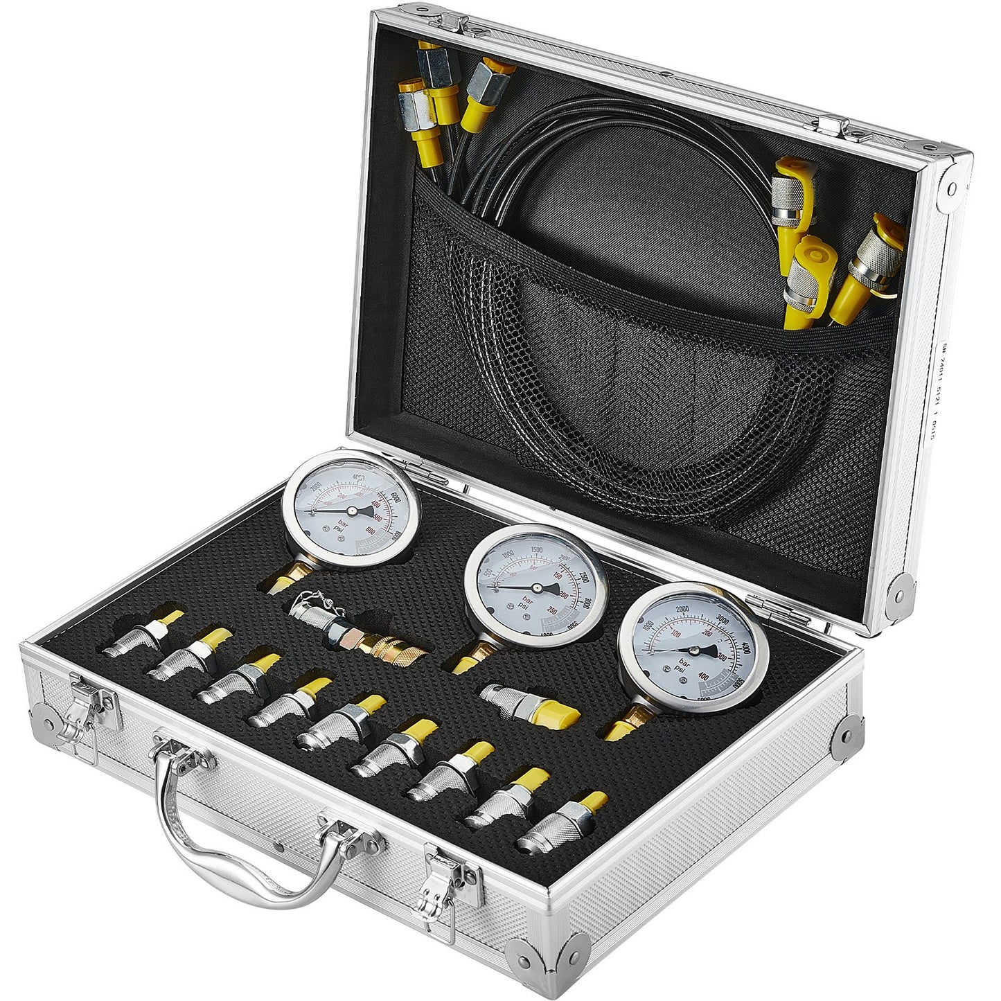 Hydraulic pressure test kit, 250/400/600bar, 3 gauges 11 test couplings 3 test hoses, excavator Hydraulic test measurement kit with portable carrying case for excavator tractors Construction machinery