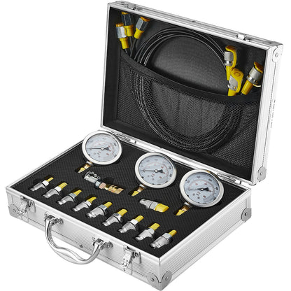 Hydraulic pressure test kit, 250/400/600bar, 3 gauges 11 test couplings 3 test hoses, excavator Hydraulic test measurement kit with portable carrying case for excavator tractors Construction machinery
