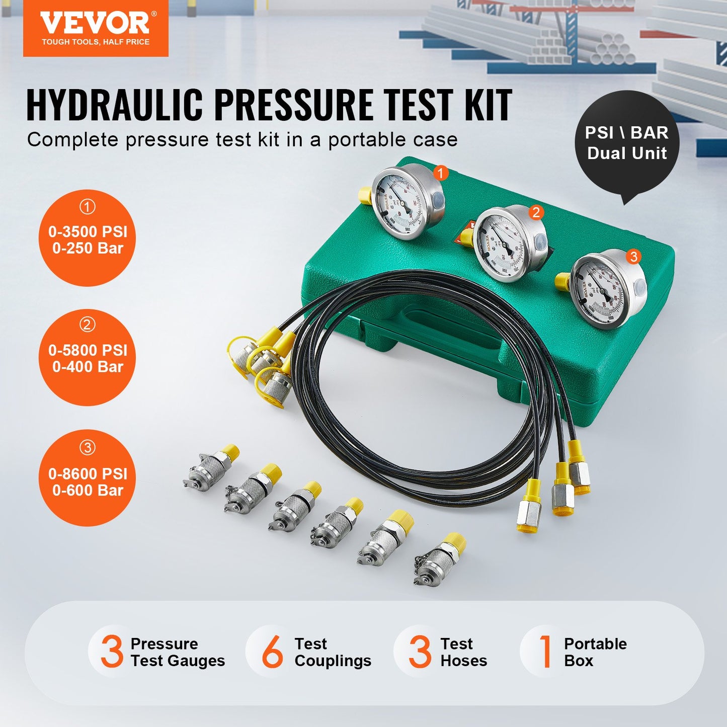 Hydrauliskt trycktestsats, 250/400/600bar, 3 mätare 6 testkopplingar 3 testslangar, grävmaskin Hydraulisk testmätsats med bärbar bärväska för grävmaskinstraktorer Entreprenadmaskiner