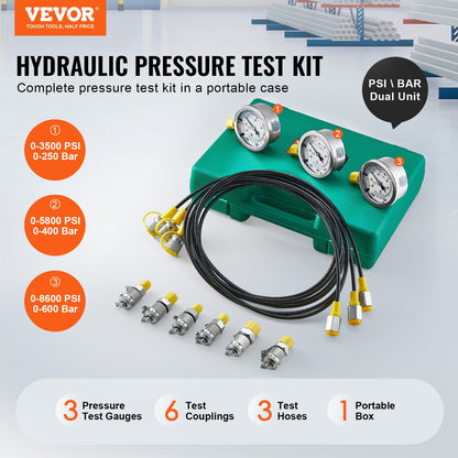 Hydrauliskt trycktestsats, 250/400/600bar, 3 mätare 6 testkopplingar 3 testslangar, grävmaskin Hydraulisk testmätsats med bärbar bärväska för grävmaskinstraktorer Entreprenadmaskiner