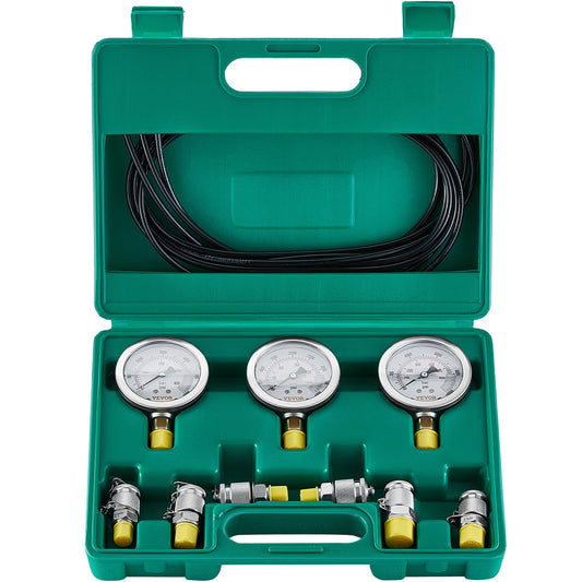 Hydraulikdruck-Prüfkoffer, 250/400/600bar, 3 Manometer, 6 Prüfkupplungen, 3 Prüfschläuche, Bagger Hydraulik-Prüfmesskoffer mit tragbarem Tragekoffer für Bagger, Traktoren, Baumaschinen