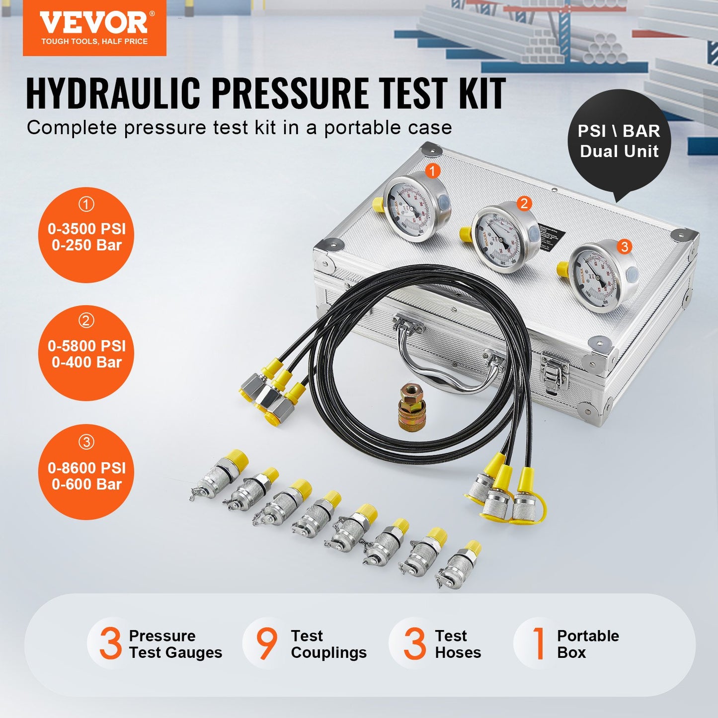 Hydraulic pressure test kit, 250/400/600bar, 3 gauges 9 test couplings 3 test hoses, excavator Hydraulic test measurement kit with portable carrying case for excavator tractors Construction machinery