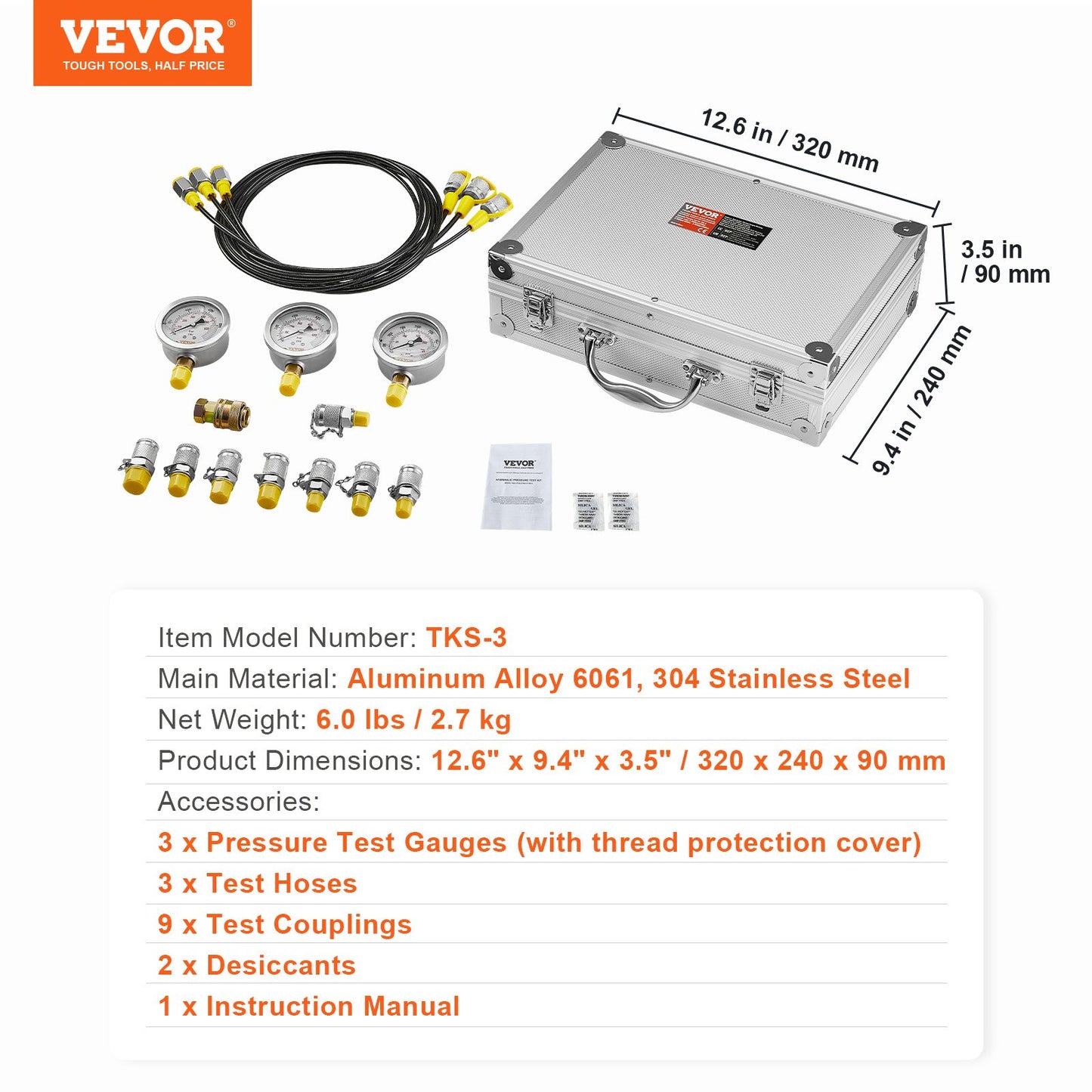 Hydraulic pressure test kit, 250/400/600bar, 3 gauges 9 test couplings 3 test hoses, excavator Hydraulic test measurement kit with portable carrying case for excavator tractors Construction machinery