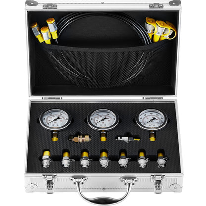 Hydraulic pressure test kit, 250/400/600bar, 3 gauges 9 test couplings 3 test hoses, excavator Hydraulic test measurement kit with portable carrying case for excavator tractors Construction machinery
