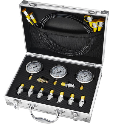 Hydraulic pressure test kit, 250/400/600bar, 3 gauges 9 test couplings 3 test hoses, excavator Hydraulic test measurement kit with portable carrying case for excavator tractors Construction machinery