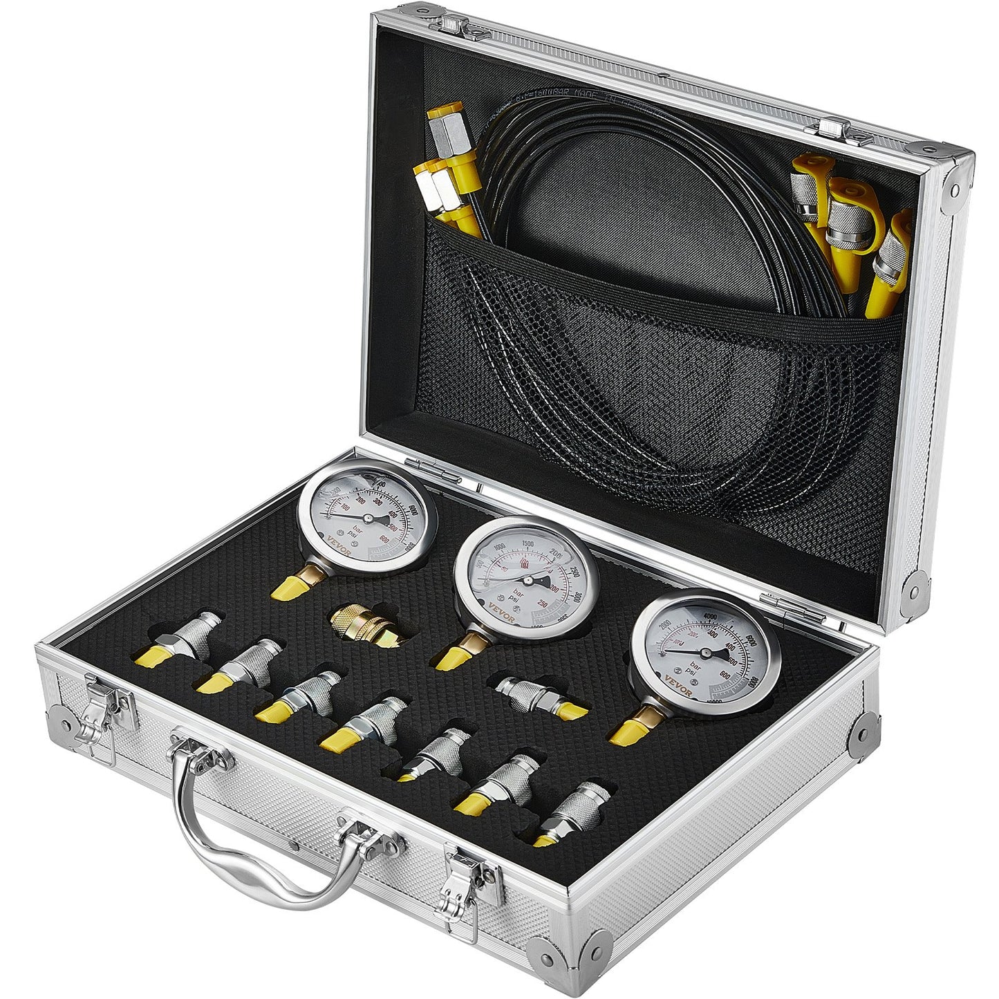 Hydraulic pressure test kit, 250/400/600bar, 3 gauges 9 test couplings 3 test hoses, excavator Hydraulic test measurement kit with portable carrying case for excavator tractors Construction machinery