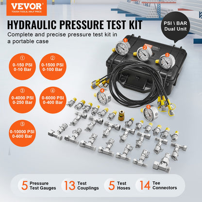 Hydraulic Pressure Test Kit, 10/100/250/400/600bar, 5 Gauges 13 Couplings 14 T-Connectors 5 Test Hoses, Excavator Hydraulic Test Gauge Set with Carrying Case for Excavators Tractors Machinery