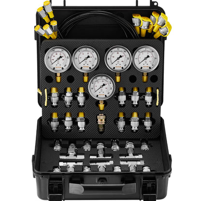 Hydraulic Pressure Test Kit, 10/100/250/400/600bar, 5 Gauges 13 Couplings 14 T-Connectors 5 Test Hoses, Excavator Hydraulic Test Gauge Set with Carrying Case for Excavators Tractors Machinery