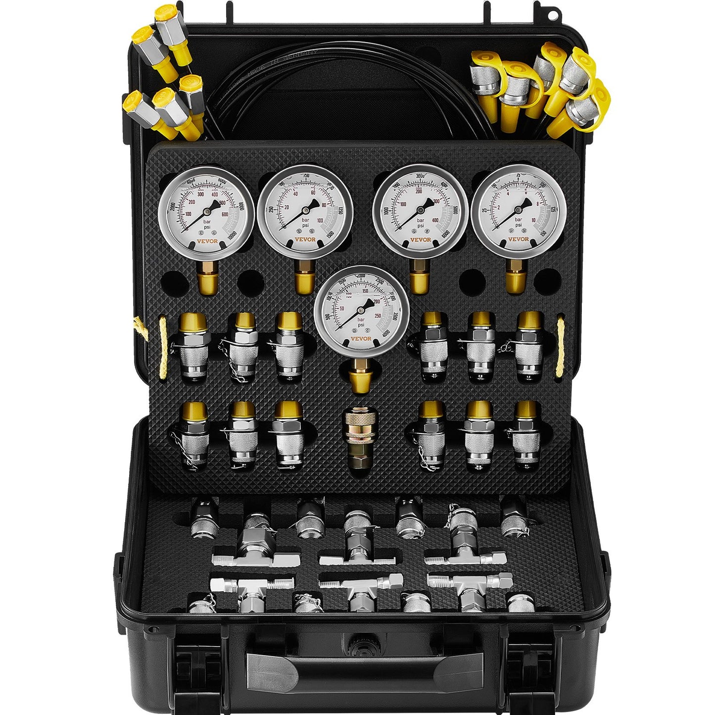 Hydraulic Pressure Test Kit, 10/100/250/400/600bar, 5 Gauges 13 Couplings 14 T-Connectors 5 Test Hoses, Excavator Hydraulic Test Gauge Set with Carrying Case for Excavators Tractors Machinery