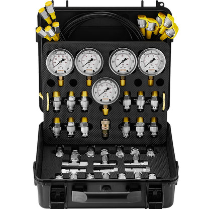 Hydraulic Pressure Test Kit, 10/100/250/400/600bar, 5 Gauges 13 Couplings 14 T-Connectors 5 Test Hoses, Excavator Hydraulic Test Gauge Set with Carrying Case for Excavators Tractors Machinery