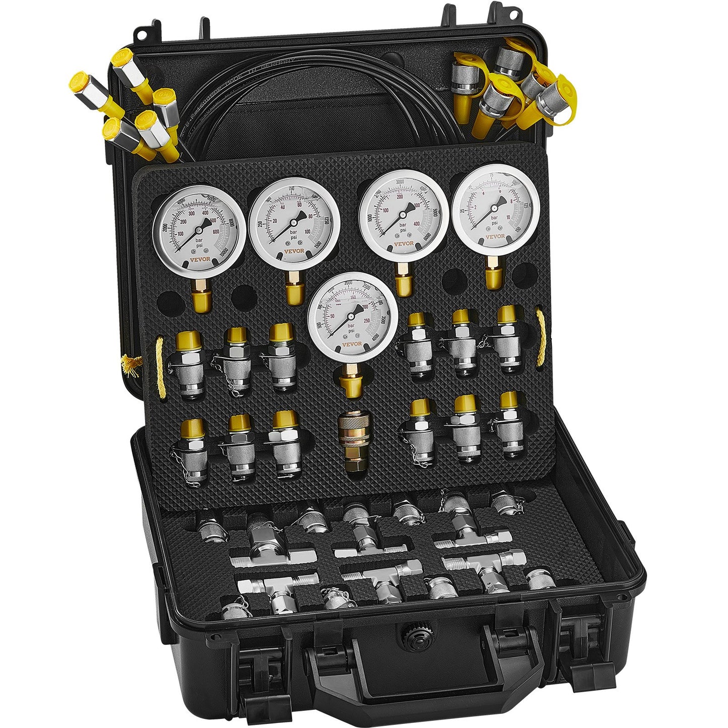 Hydraulic Pressure Test Kit, 10/100/250/400/600bar, 5 Gauges 13 Couplings 14 T-Connectors 5 Test Hoses, Excavator Hydraulic Test Gauge Set with Carrying Case for Excavators Tractors Machinery