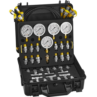Hydraulic Pressure Test Kit, 10/100/250/400/600bar, 5 Gauges 13 Couplings 14 T-Connectors 5 Test Hoses, Excavator Hydraulic Test Gauge Set with Carrying Case for Excavators Tractors Machinery