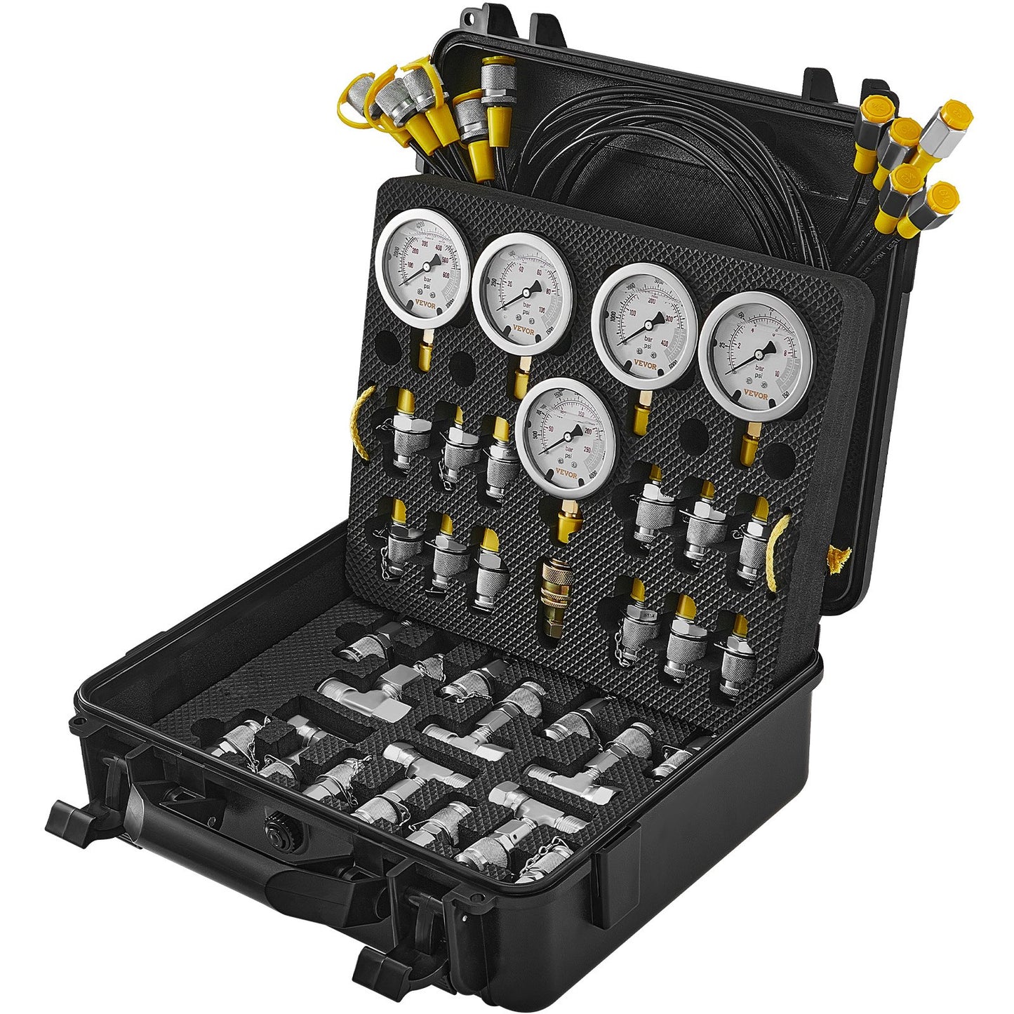 Hydraulic Pressure Test Kit, 10/100/250/400/600bar, 5 Gauges 13 Couplings 14 T-Connectors 5 Test Hoses, Excavator Hydraulic Test Gauge Set with Carrying Case for Excavators Tractors Machinery