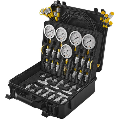 Hydraulic Pressure Test Kit, 10/100/250/400/600bar, 5 Gauges 13 Couplings 14 T-Connectors 5 Test Hoses, Excavator Hydraulic Test Gauge Set with Carrying Case for Excavators Tractors Machinery
