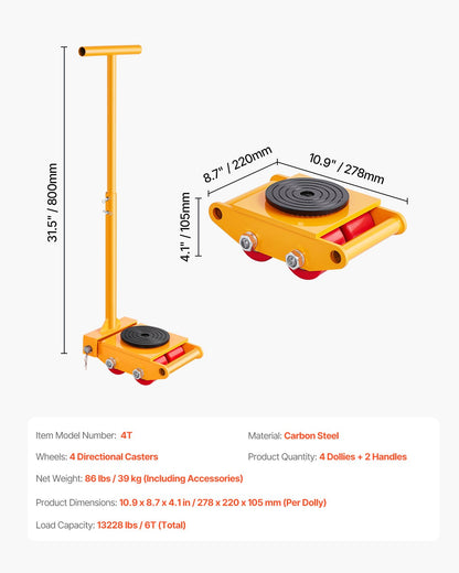 Machine Skate 13228 lbs 6T Machinery Skate Dolly with handle 360° rotation