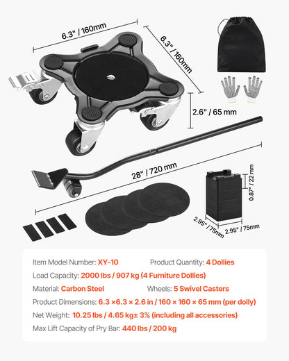Furniture Dolly Heavy Duty Furniture Mover with 5 Wheels 1200 lbs Capacity