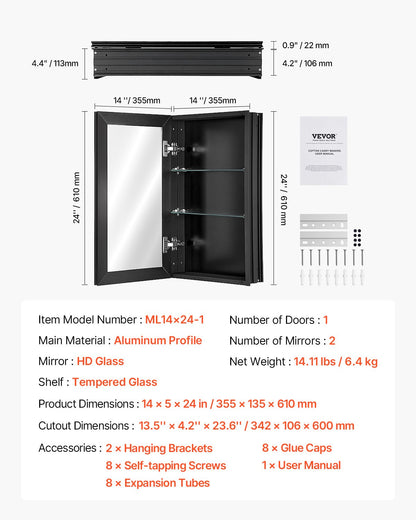 Medicine Cabinet 14" x 24" Mirror Medicine Cabinet Adjustable Shelves
