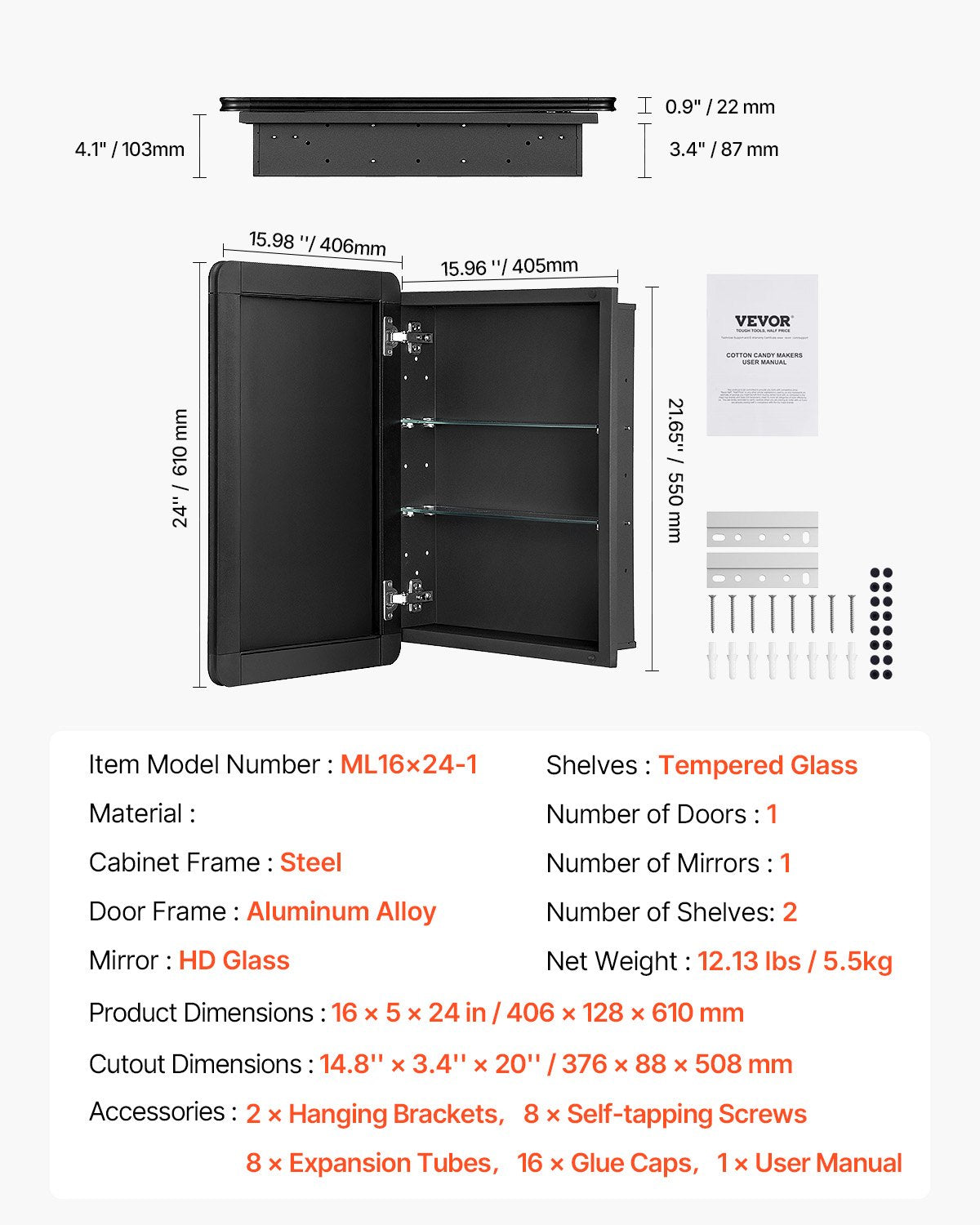 Medicine Cabinet 16" x 24" Mirror Medicine Cabinet Adjustable Shelves