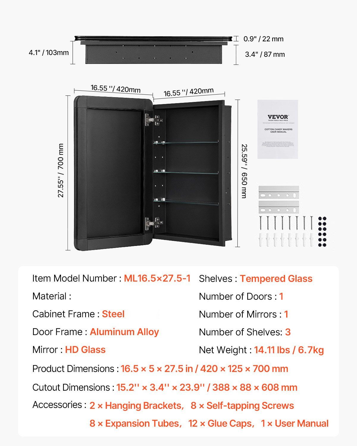 Medicine Cabinet 16.5" x 27.5" Mirror Medicine Cabinet Adjustable Shelves