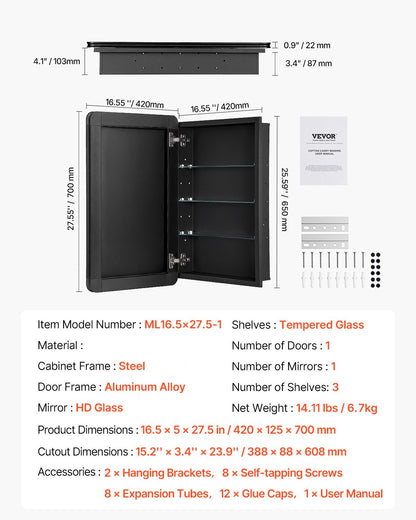 Medicine Cabinet 16.5" x 27.5" Mirror Medicine Cabinet Adjustable Shelves