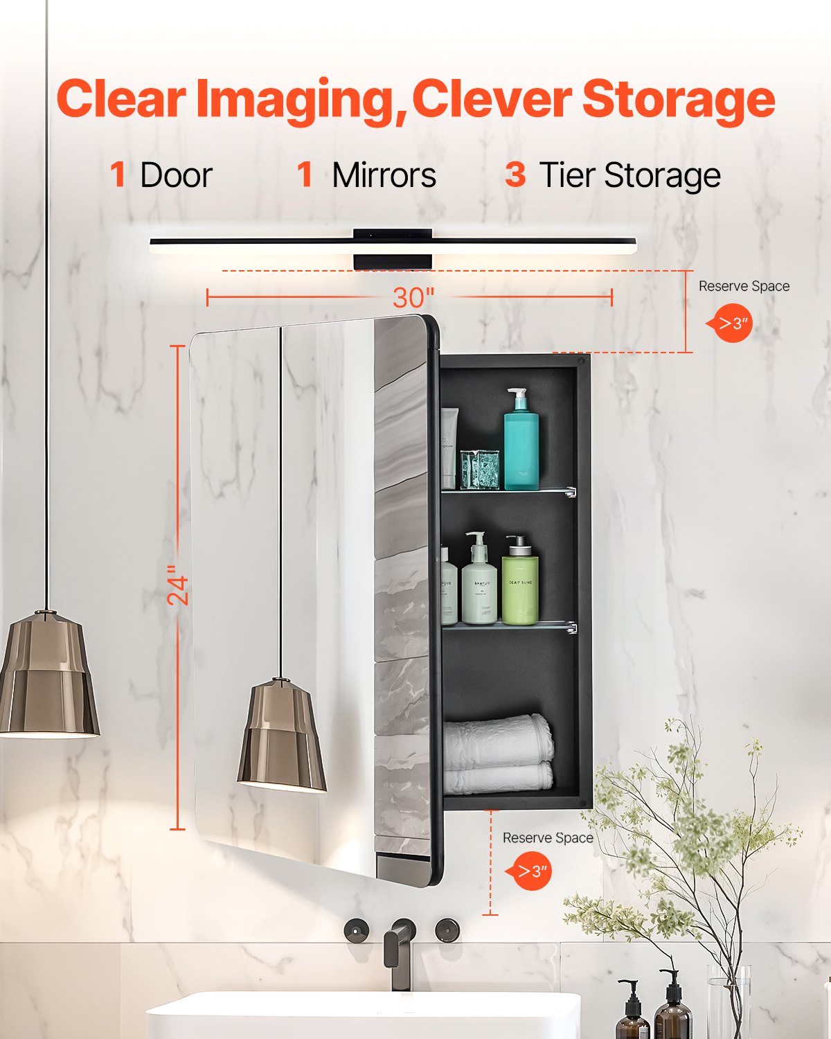 Medicine Cabinet 24" x 30" Mirror Medicine Cabinet Adjustable Shelves