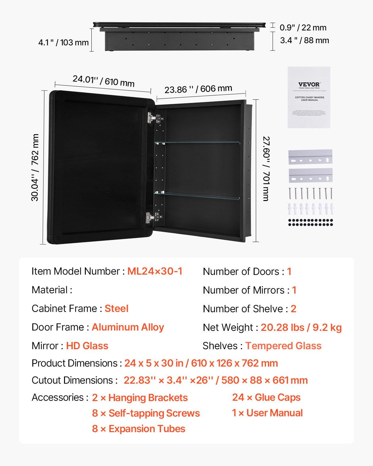Medicine Cabinet 24" x 30" Mirror Medicine Cabinet Adjustable Shelves