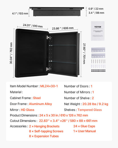 Medicine Cabinet 24" x 30" Mirror Medicine Cabinet Adjustable Shelves