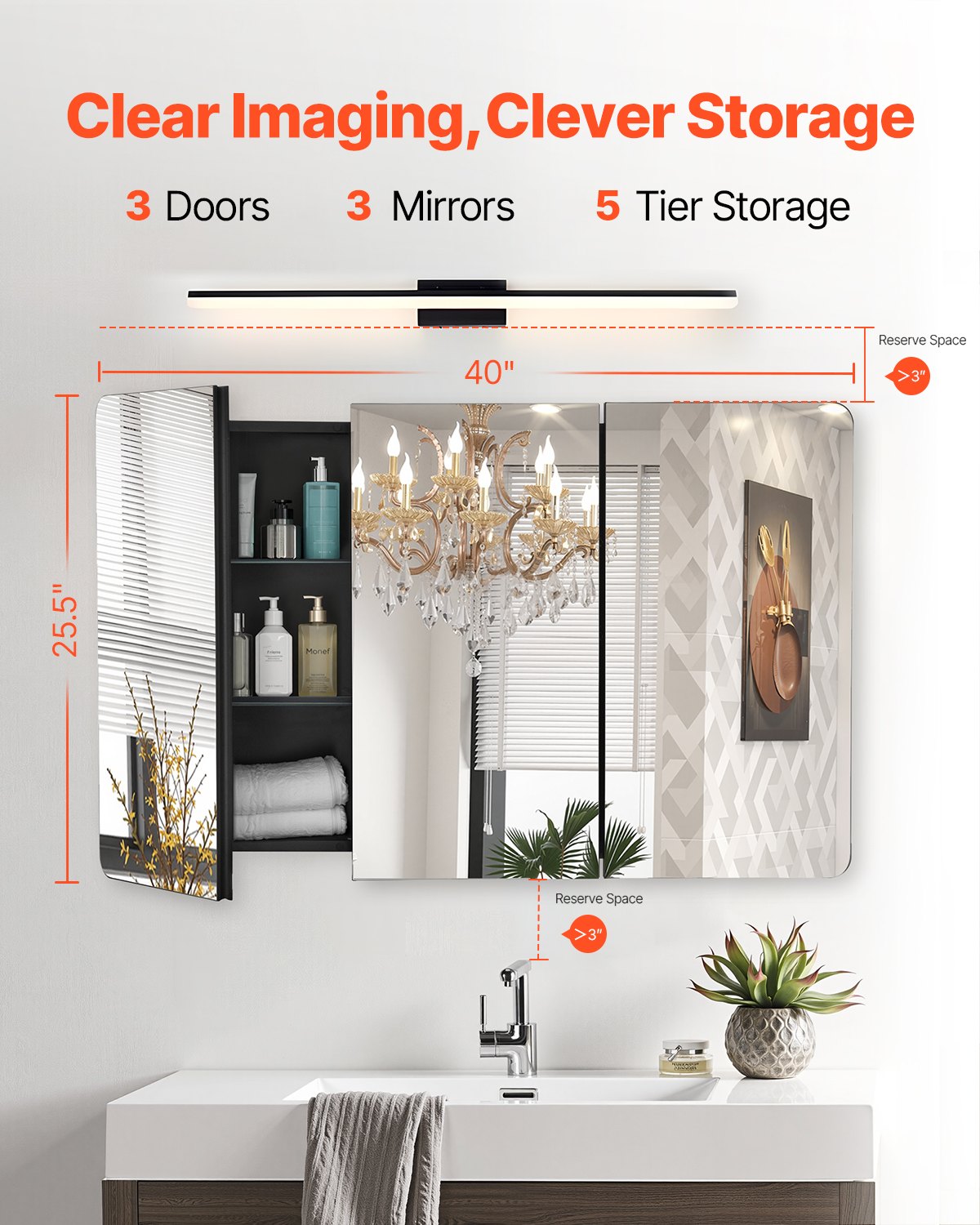 Medicine Cabinet 25.5" x 40" Mirror Medicine Cabinet Adjustable Shelves