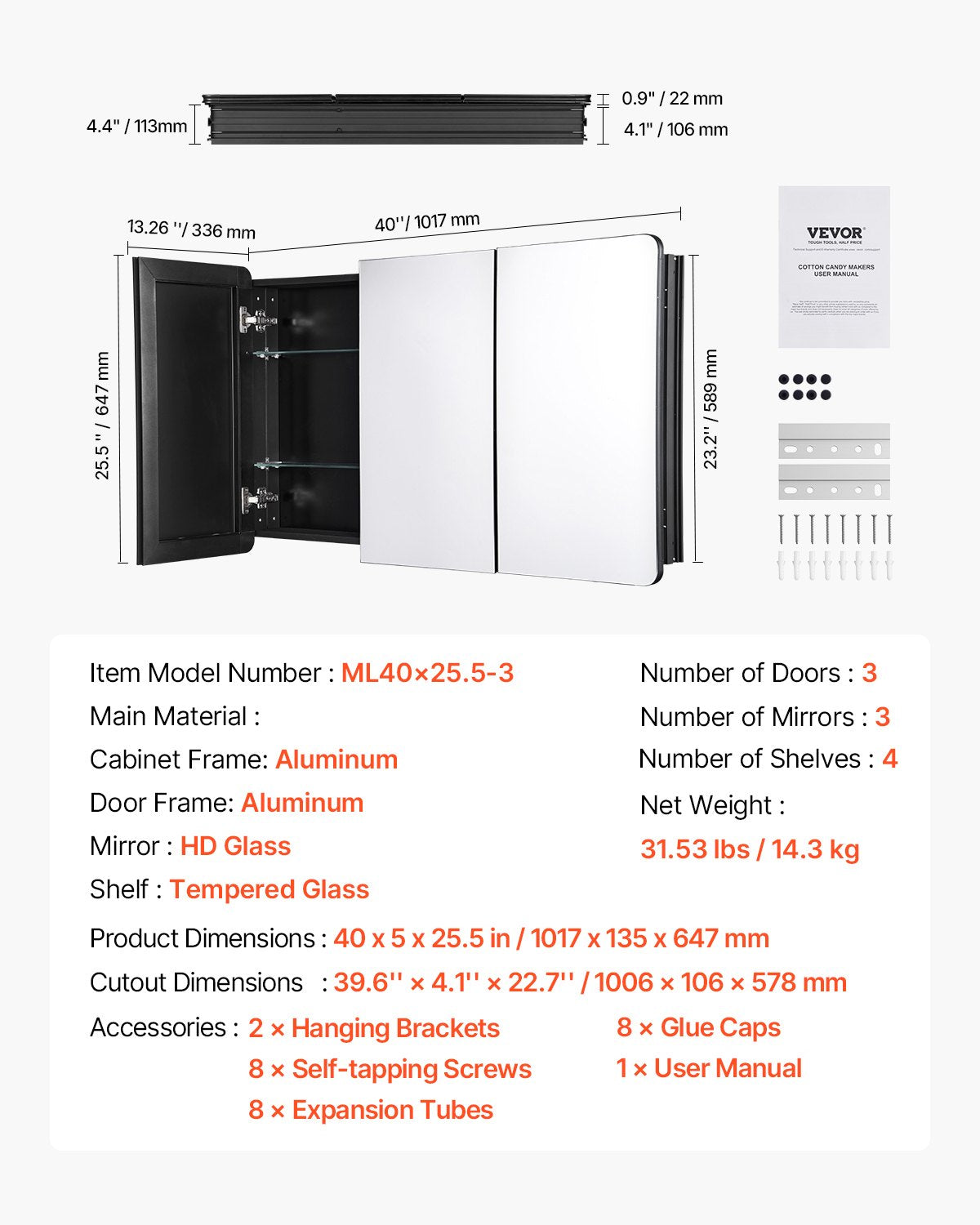 Medicine Cabinet 25.5" x 40" Mirror Medicine Cabinet Adjustable Shelves