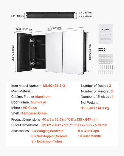 Medicine Cabinet 25.5" x 40" Mirror Medicine Cabinet Adjustable Shelves