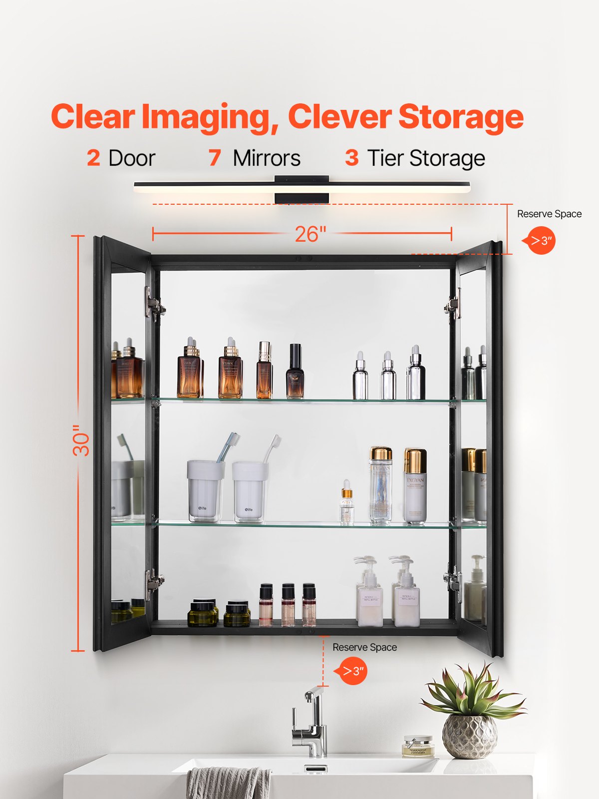 Medicine Cabinet 26" x 30" Mirror Medicine Cabinet Adjustable Shelves