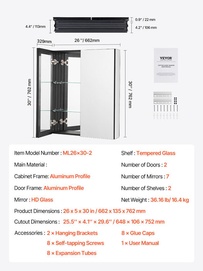 Medicine Cabinet 26" x 30" Mirror Medicine Cabinet Adjustable Shelves