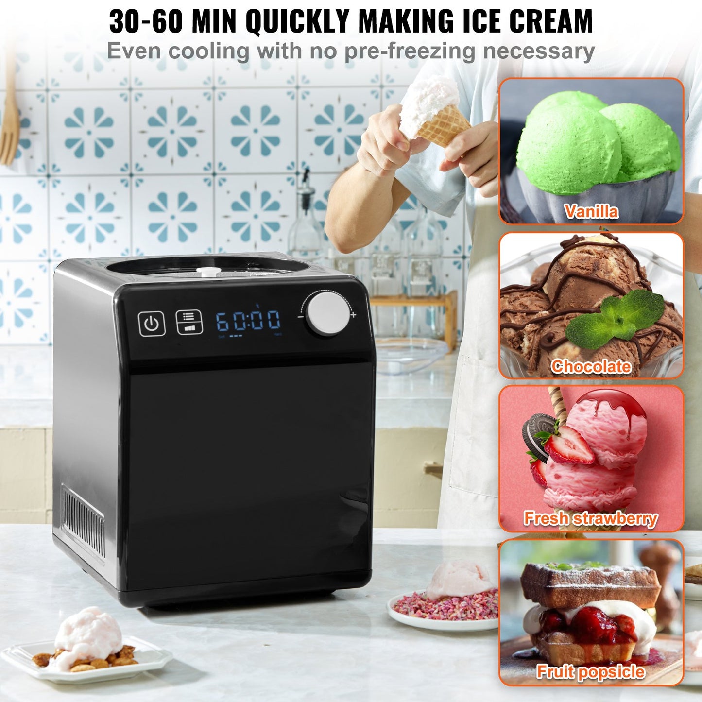 2 Quart Automatisk Glassmaskin Electric Yoghurt Gelato Make Black