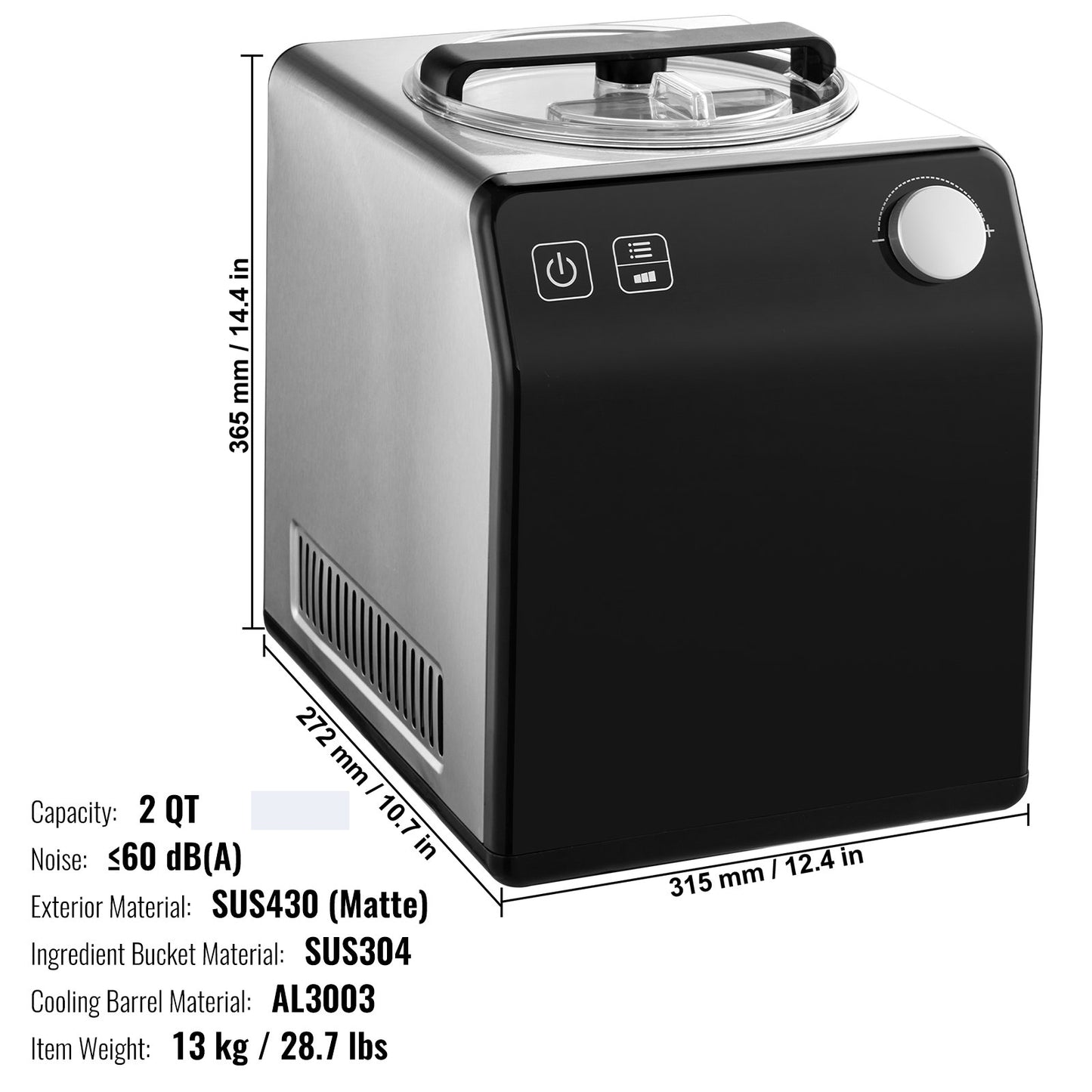 2 Quart Automatisk Glassmaskin Electric Yoghurt Gelato Make Black