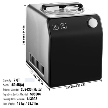 2 Quart Automatisk Glassmaskin Electric Yoghurt Gelato Make Black