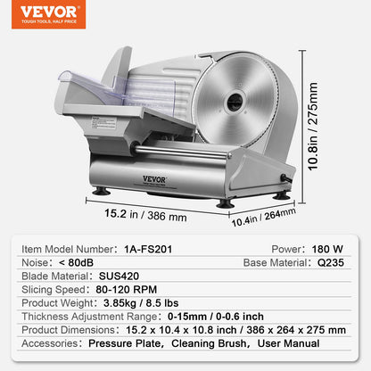 Meat Slicer, 180W Electric Deli Food Slicer with 7.5" SUS420 Stainless Steel Blade and Blade Guard, 0 - 0.6 Inch Adjustable Thickness for Home Use, Easy to Clean, Cut Meat, Bread, Ham and Cheese