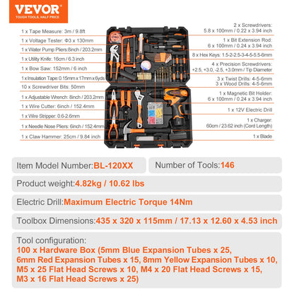 Tool kit 146 pieces household hand tool set with electric drill tool bag