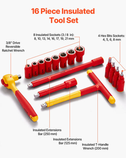 Isolerad Socket Set 16-delad Isolerad Socket Tool med T-handtagsnyckel