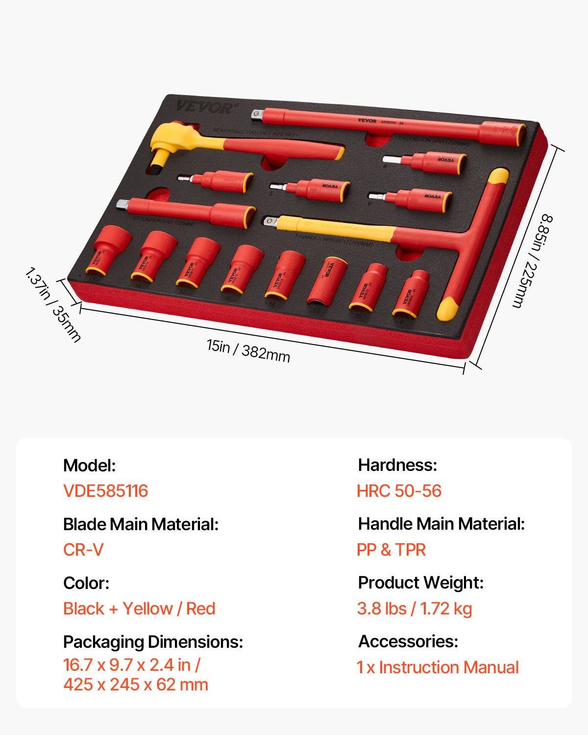 Isolerad Socket Set 16-delad Isolerad Socket Tool med T-handtagsnyckel