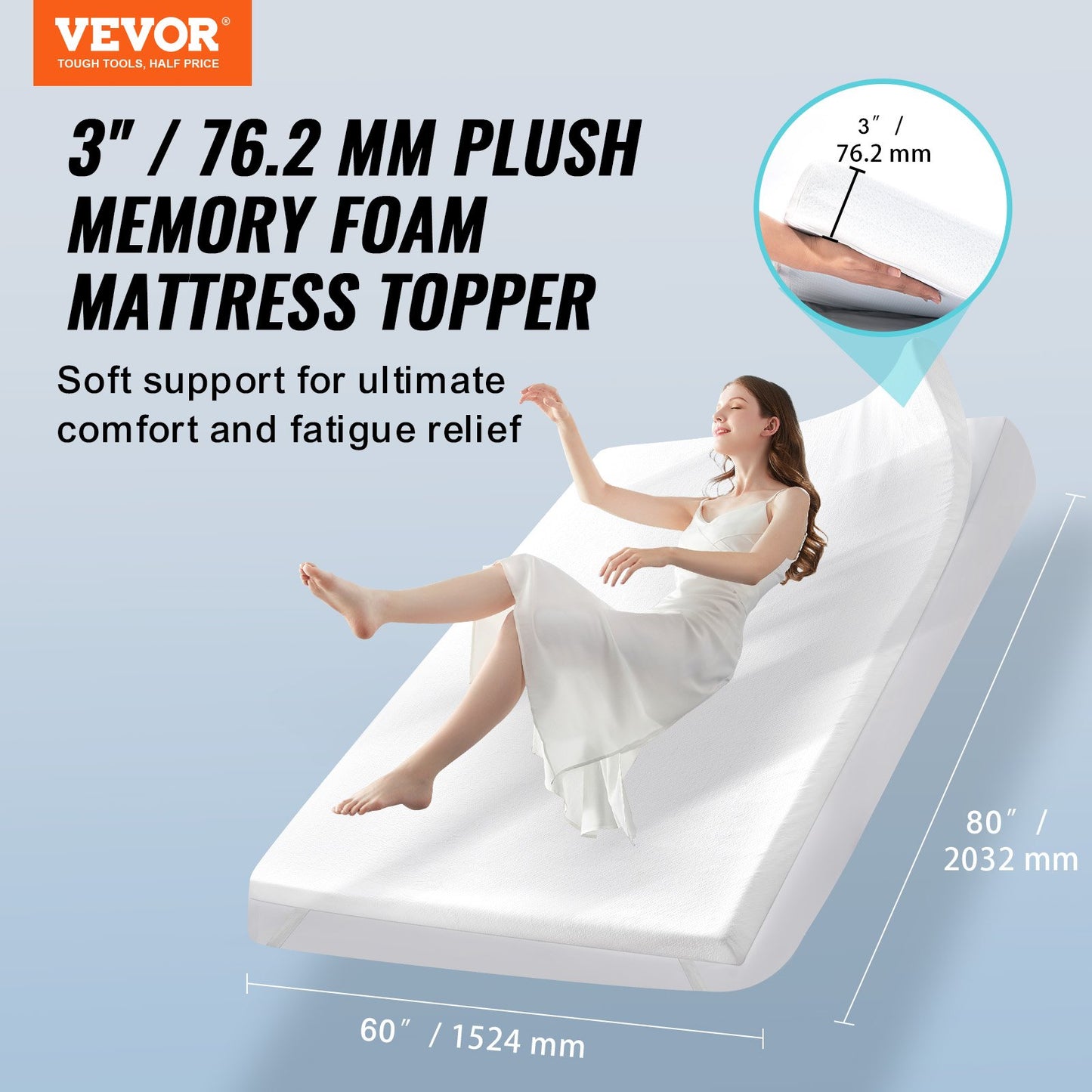 Madrass Topper Memory Foam Avtagbar & Tvättbar Queen 76,2 mm Tjocklek